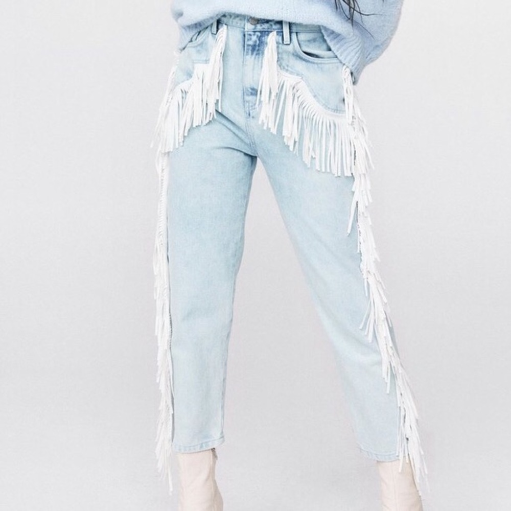 Nasty Gal Western High Waisted Fringe Mom Jeans UK 12 US 8 NWT